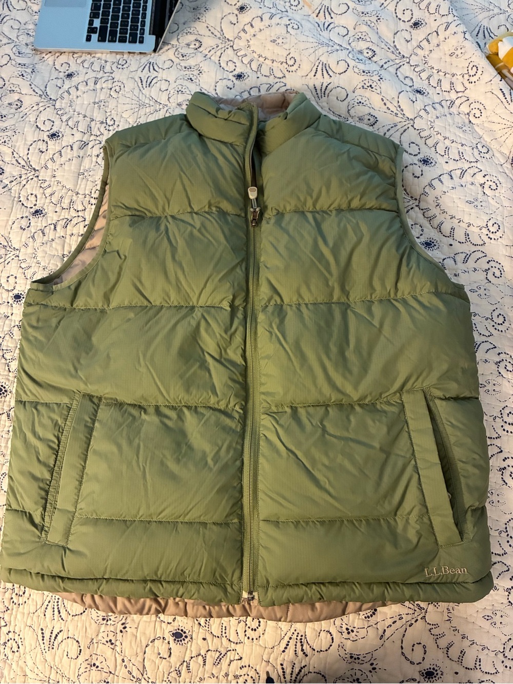 L.L. Bean Men's Green/Tan Quilted Reversible Vest - mens tall large